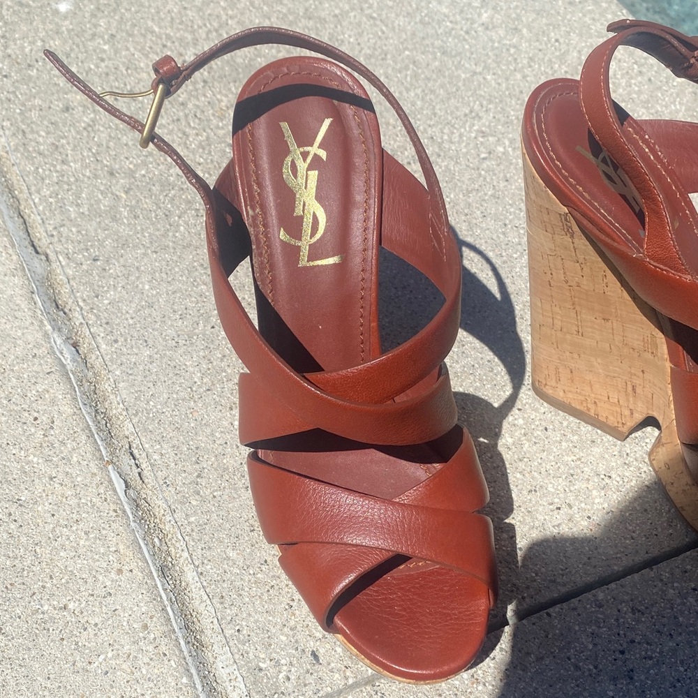 Saint Laurent Cognac Leather Cork Wedge Sandals - Picture 3 of 7